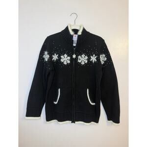 Quacker Factory Festive Snowflake Full Zip Sweater Black White Winter Sweater S
